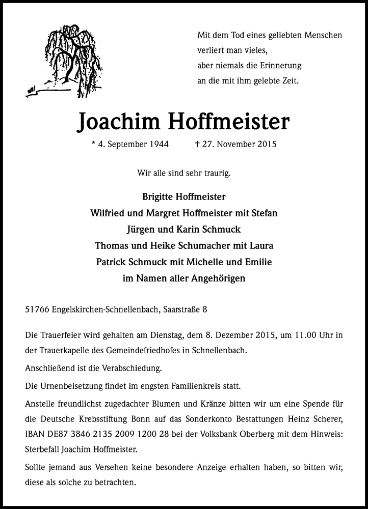  Traueranzeige für Joachim Hoffmeister vom 01.12.2015 aus Kölner Stadt-Anzeiger / Kölnische Rundschau / Express