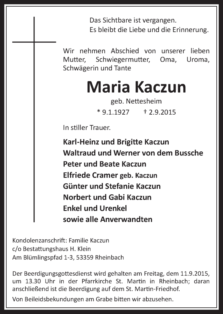  Traueranzeige für Maria Kaczun vom 09.09.2015 aus  Schaufenster/Blickpunkt 