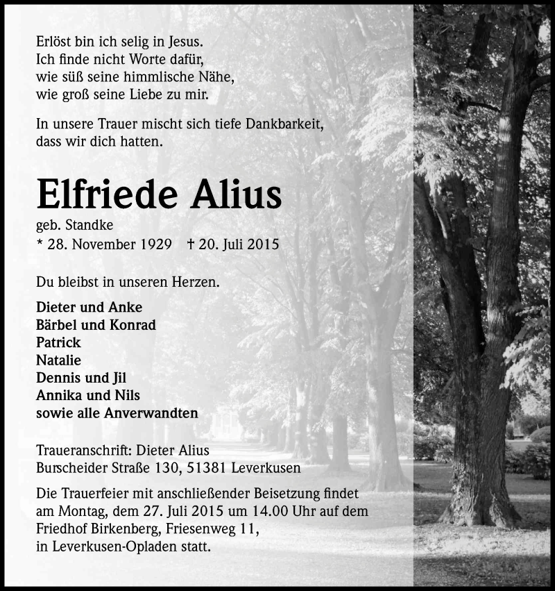  Traueranzeige für Elfriede Alius vom 23.07.2015 aus Kölner Stadt-Anzeiger / Kölnische Rundschau / Express