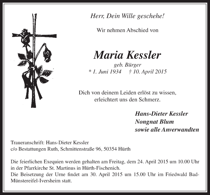  Traueranzeige für Maria Kessler vom 22.04.2015 aus  Wochenende 