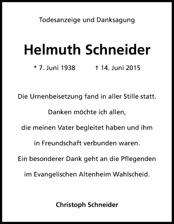 Anzeige von Helmuth Schneider von Kölner Stadt-Anzeiger / Kölnische Rundschau / Express