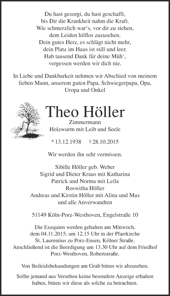  Traueranzeige für Theo Höller vom 04.11.2015 aus  Kölner Wochenspiegel 