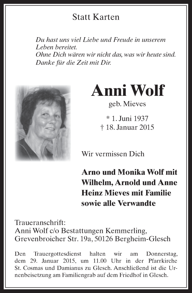  Traueranzeige für Anni Wolf vom 28.01.2015 aus  Werbepost 