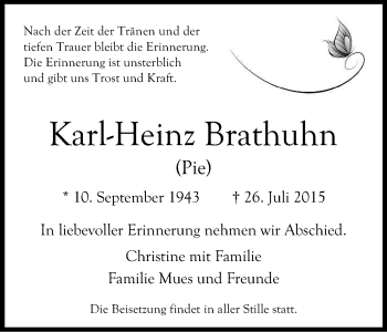 Anzeige von Karl-Heinz Brathuhn von Kölner Stadt-Anzeiger / Kölnische Rundschau / Express