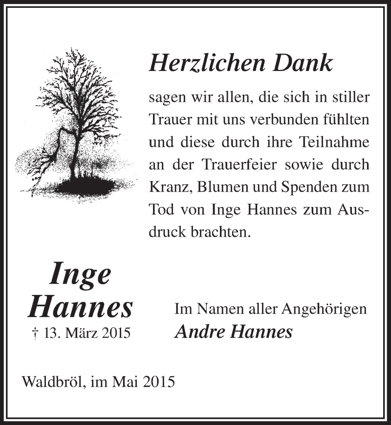  Traueranzeige für Inge Hannes vom 20.05.2015 aus  Lokalanzeiger 