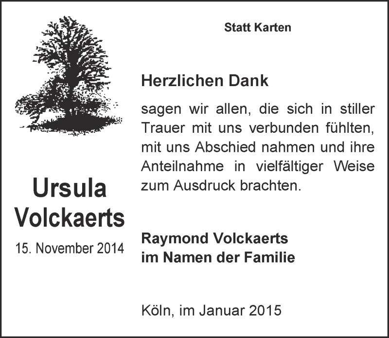  Traueranzeige für Ursula Volckaerts vom 21.01.2015 aus  Kölner Wochenspiegel 