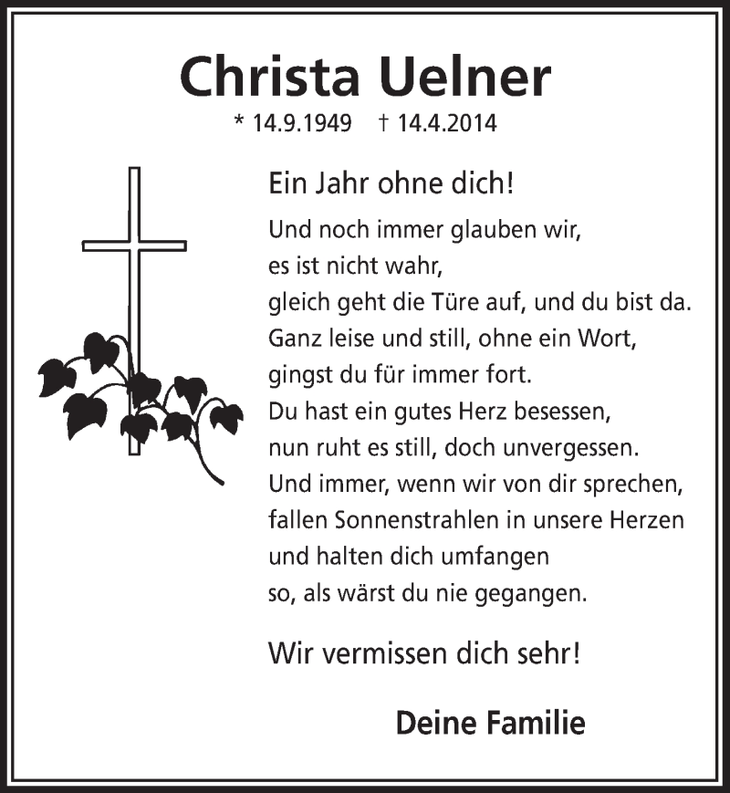  Traueranzeige für Christa Uelner vom 15.04.2015 aus  Anzeigen Echo 