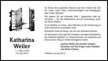 Anzeige von Katharina Weiler von Kölner Stadt-Anzeiger / Kölnische Rundschau / Express