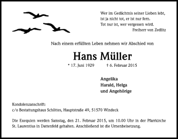 Anzeige von Hans Müller von Kölner Stadt-Anzeiger / Kölnische Rundschau / Express