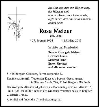 Anzeige von Rosa Melzer von Kölner Stadt-Anzeiger / Kölnische Rundschau / Express