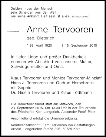 Anzeige von Anne Tervooren von Kölner Stadt-Anzeiger / Kölnische Rundschau / Express