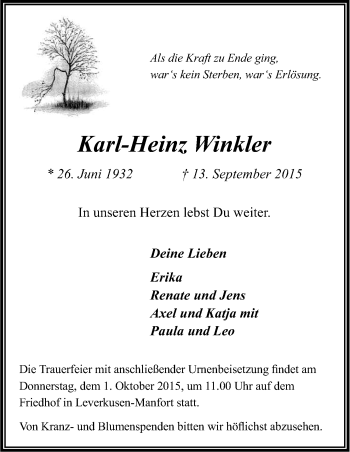 Anzeige von Karl-Heinz Winkler von Kölner Stadt-Anzeiger / Kölnische Rundschau / Express