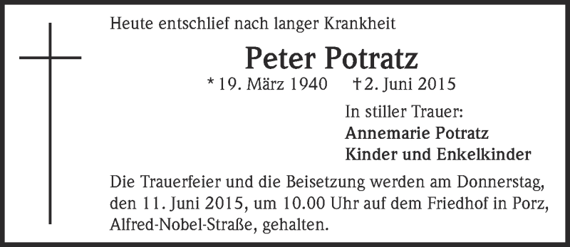  Traueranzeige für Peter Potratz vom 10.06.2015 aus  Kölner Wochenspiegel 