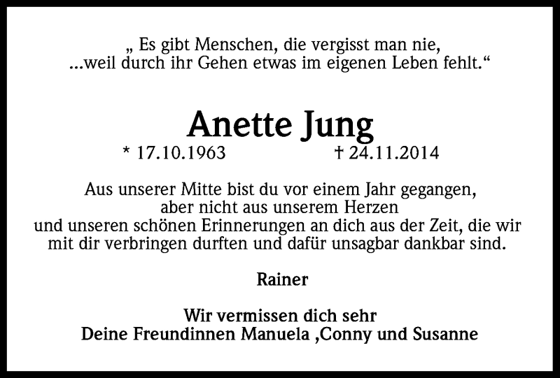  Traueranzeige für Anette Jung vom 24.11.2015 aus Kölner Stadt-Anzeiger / Kölnische Rundschau / Express
