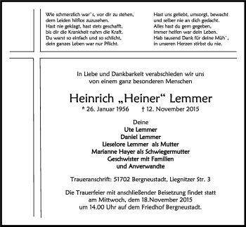 Anzeige von Heinrich Heiner Lemmer von Köln - Wir Trauern