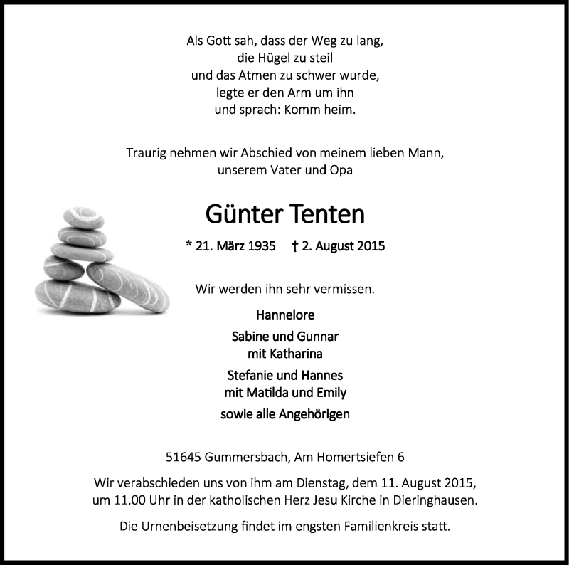  Traueranzeige für Günter Tenten vom 07.08.2015 aus Kölner Stadt-Anzeiger / Kölnische Rundschau / Express