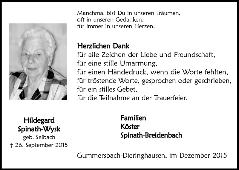  Traueranzeige für Hildegard Spinath-Wysk vom 02.12.2015 aus  Anzeigen Echo 