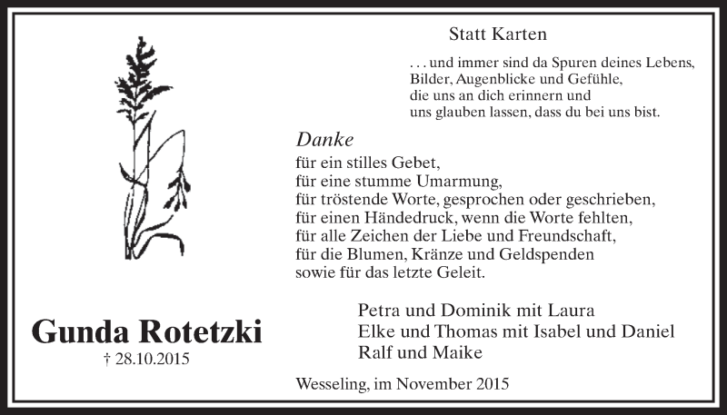  Traueranzeige für Gunda Rotetzki vom 18.11.2015 aus  Schlossbote/Werbekurier 