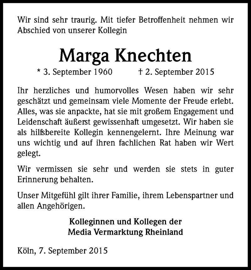  Traueranzeige für Marga Knechten vom 09.09.2015 aus Kölner Stadt-Anzeiger / Kölnische Rundschau / Express