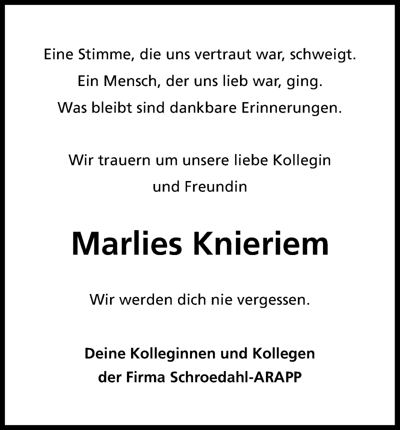  Traueranzeige für Marlies Knieriem vom 28.03.2015 aus Kölner Stadt-Anzeiger / Kölnische Rundschau / Express