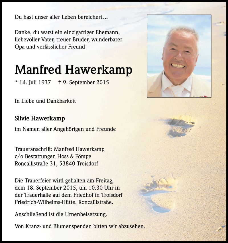  Traueranzeige für Manfred Hawerkamp vom 12.09.2015 aus Kölner Stadt-Anzeiger / Kölnische Rundschau / Express