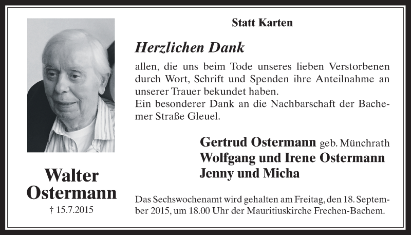  Traueranzeige für Walter Ostermann vom 09.09.2015 aus  Wochenende 