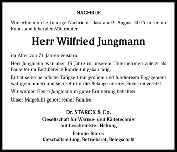 Anzeige von Wilfried Jungmann von Kölner Stadt-Anzeiger / Kölnische Rundschau / Express