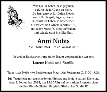 Anzeige von Anni Nobis von Kölner Stadt-Anzeiger / Kölnische Rundschau / Express