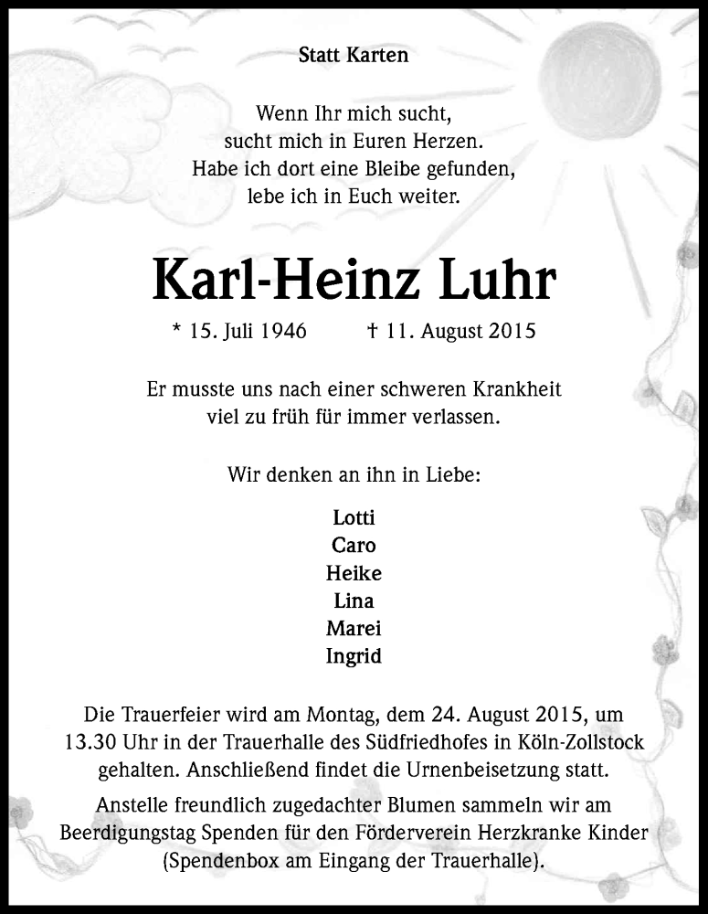  Traueranzeige für Karl-Heinz Luhr vom 19.08.2015 aus Kölner Stadt-Anzeiger / Kölnische Rundschau / Express