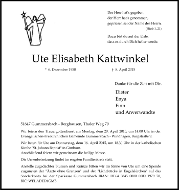 Anzeige von Ute Elisabeth Kattwinkel von Kölner Stadt-Anzeiger / Kölnische Rundschau / Express