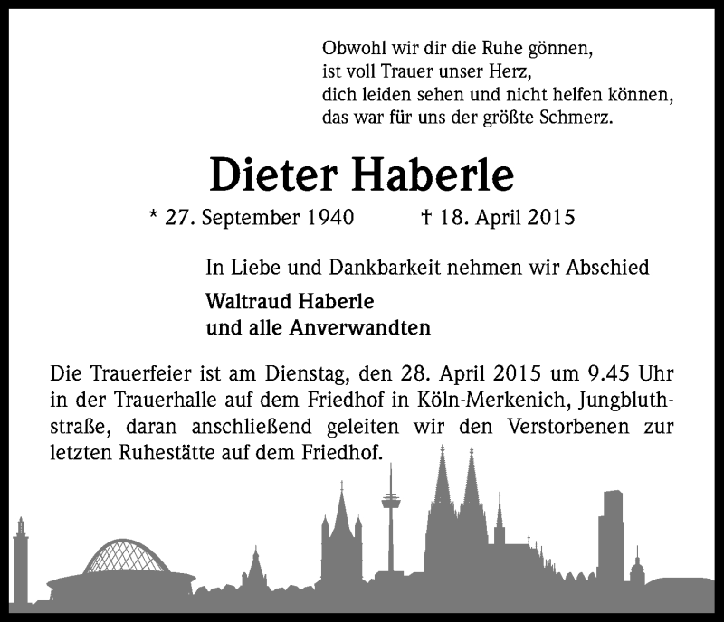  Traueranzeige für Dieter Haberle vom 25.04.2015 aus Kölner Stadt-Anzeiger / Kölnische Rundschau / Express