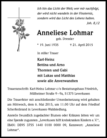 Anzeige von Anneliese Lohmar von Kölner Stadt-Anzeiger / Kölnische Rundschau / Express