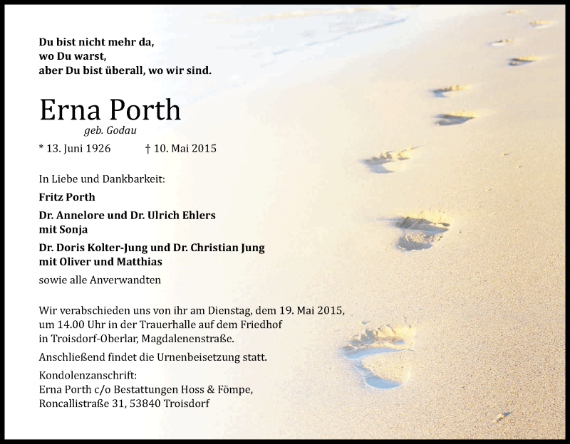  Traueranzeige für Erna Porth vom 16.05.2015 aus Kölner Stadt-Anzeiger / Kölnische Rundschau / Express