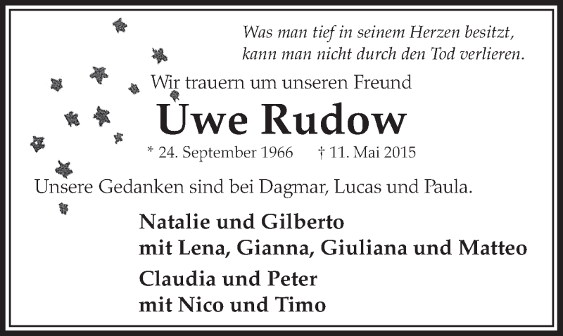  Traueranzeige für Uwe Rudow vom 23.05.2015 aus  Sonntags-Post 