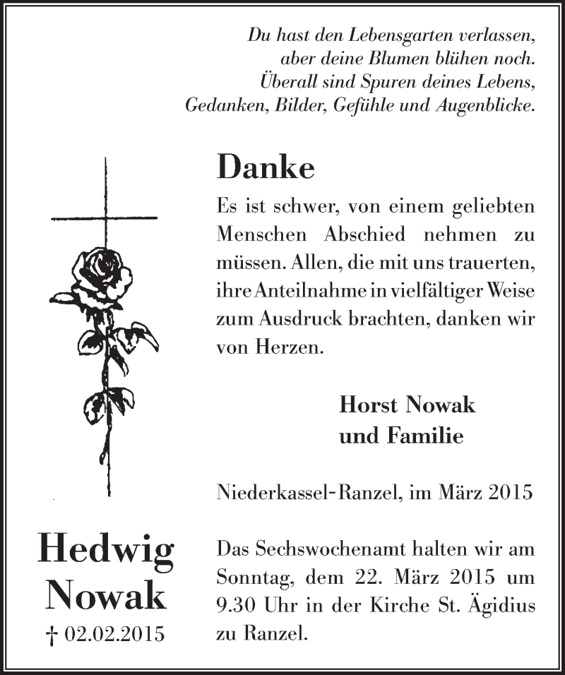  Traueranzeige für Hedwig Nowak vom 18.03.2015 aus  Extra Blatt 