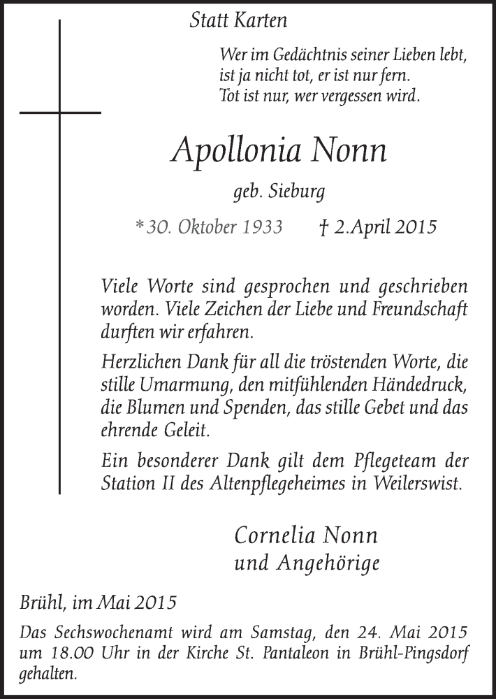  Traueranzeige für Apollonia Nonn vom 13.05.2015 aus  Schlossbote/Werbekurier 