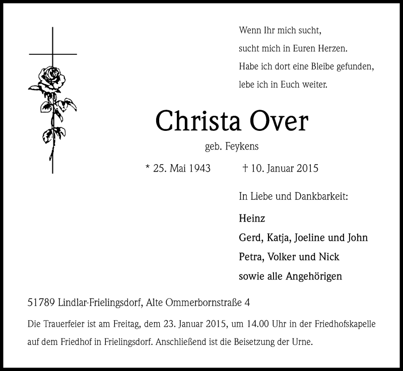 Traueranzeige für Christa Over vom 14.01.2015 aus Kölner Stadt-Anzeiger / Kölnische Rundschau / Express