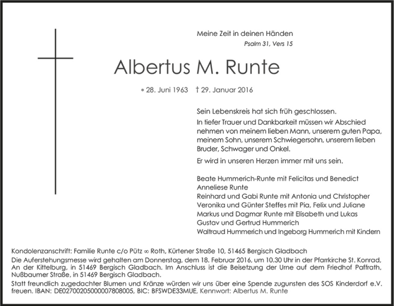  Traueranzeige für Albertus M. Runte vom 10.02.2016 aus Kölner Stadt-Anzeiger / Kölnische Rundschau / Express