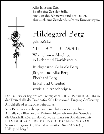 Anzeige von Hildegard Berg von Kölner Stadt-Anzeiger / Kölnische Rundschau / Express