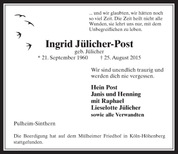 Anzeige von Ingrid Jülicher-Post von  Wochenende 