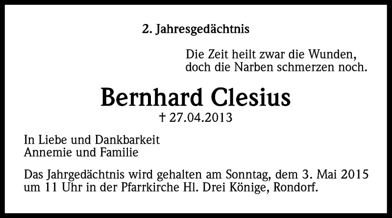 Traueranzeige für Bernhard Clesius vom 25.04.2015 aus Kölner Stadt-Anzeiger / Kölnische Rundschau / Express