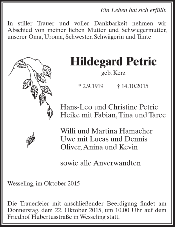 Anzeige von Hildegard Petric von  Schlossbote/Werbekurier 