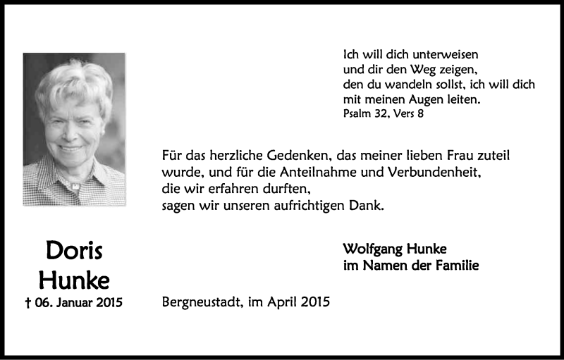  Traueranzeige für Doris Hunke vom 25.04.2015 aus Kölner Stadt-Anzeiger / Kölnische Rundschau / Express