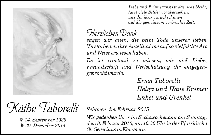  Traueranzeige für Käthe Taborelli vom 01.02.2015 aus  Blickpunkt Euskirchen 