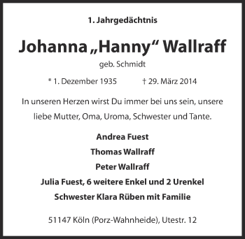 Anzeige von Johanna Wallraff von  Kölner Wochenspiegel 