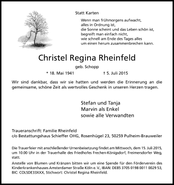 Anzeige von Christel Regina Rheinfeld von Kölner Stadt-Anzeiger / Kölnische Rundschau / Express