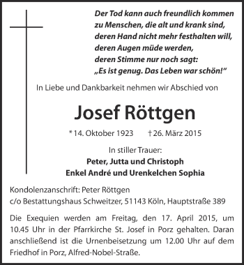 Anzeige von Josef Röttgen von  Kölner Wochenspiegel 