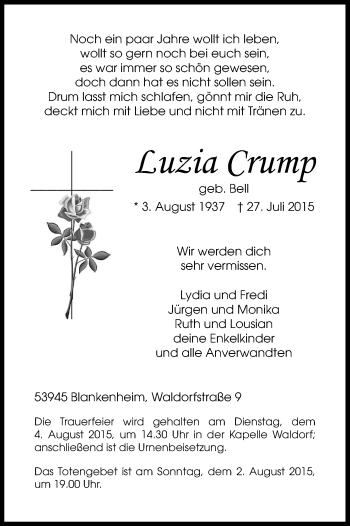 Anzeige von Luzia Crump von Kölner Stadt-Anzeiger / Kölnische Rundschau / Express