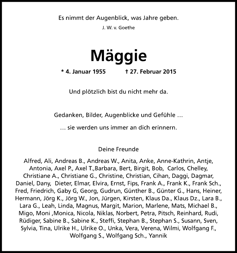  Traueranzeige für Mäggie  vom 06.03.2015 aus Kölner Stadt-Anzeiger / Kölnische Rundschau / Express