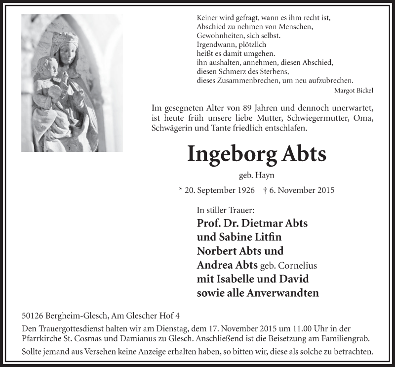  Traueranzeige für Ingeborg Abts vom 14.11.2015 aus  Sonntags-Post 